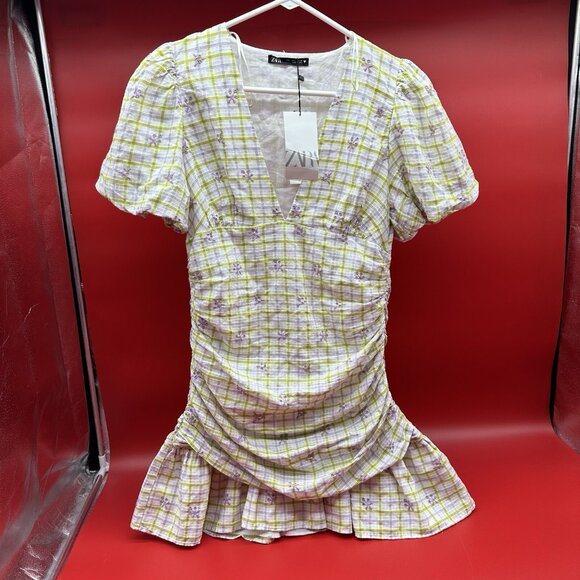 Zara Women's Size Large Checkered Floral Print Draped Balloon Sleeve Mini Dress - Picture 16 of 16
